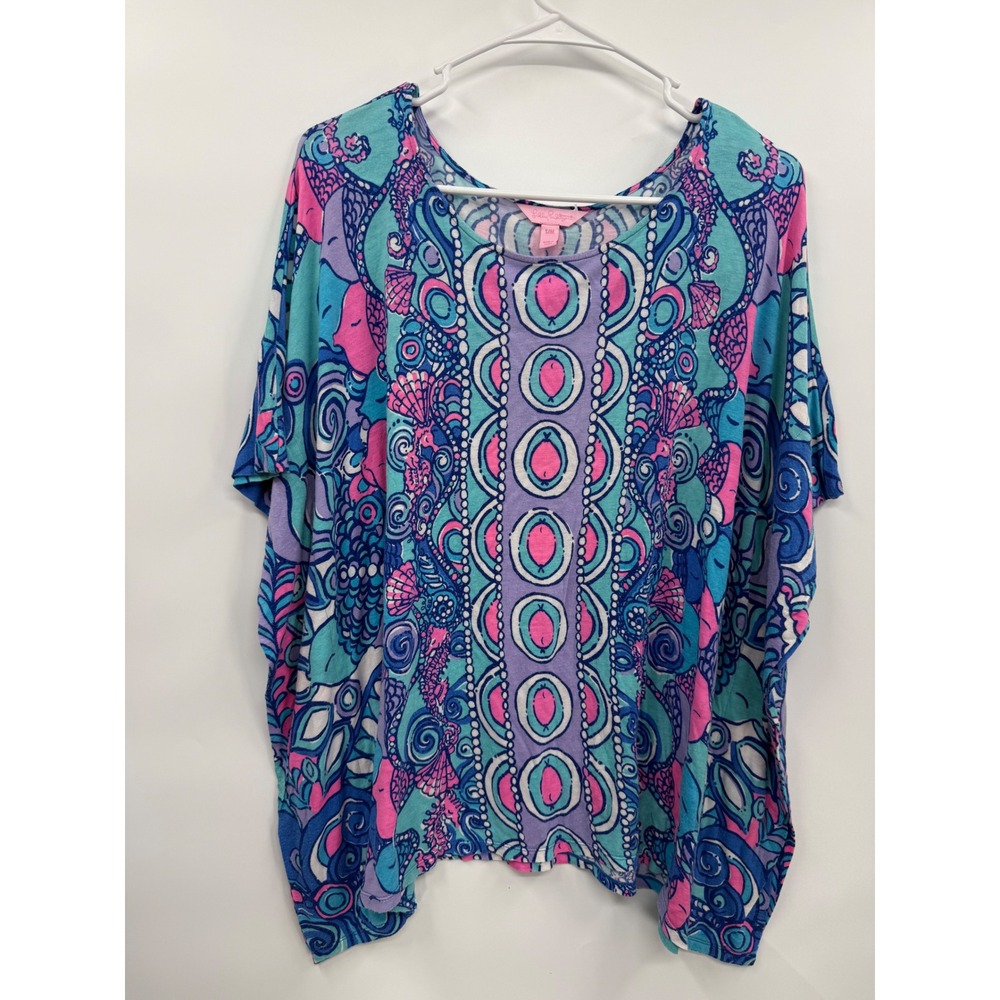Lilly Pulitzer‎ S/M Poncho Top Womens Blue Pink Nautical Shell Fish Rayon Knit